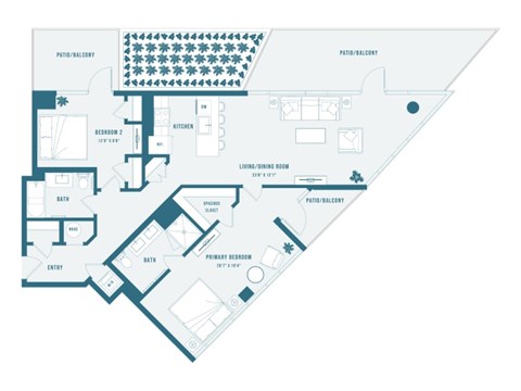 A floor plan of a house with a kitchen, living room, dining room, and two bedrooms.